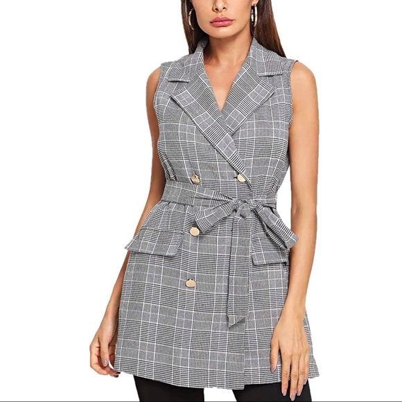 Jackets & Blazers - Sleeveless Double Breasted Belted Plaid Blazer